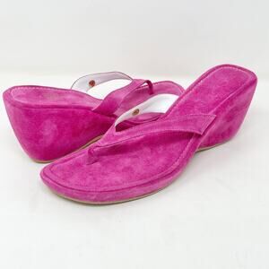 La Canadienne Suede Wedge Thong Sandal size 41 Bubblegum Pink Fuscia Barbiecore